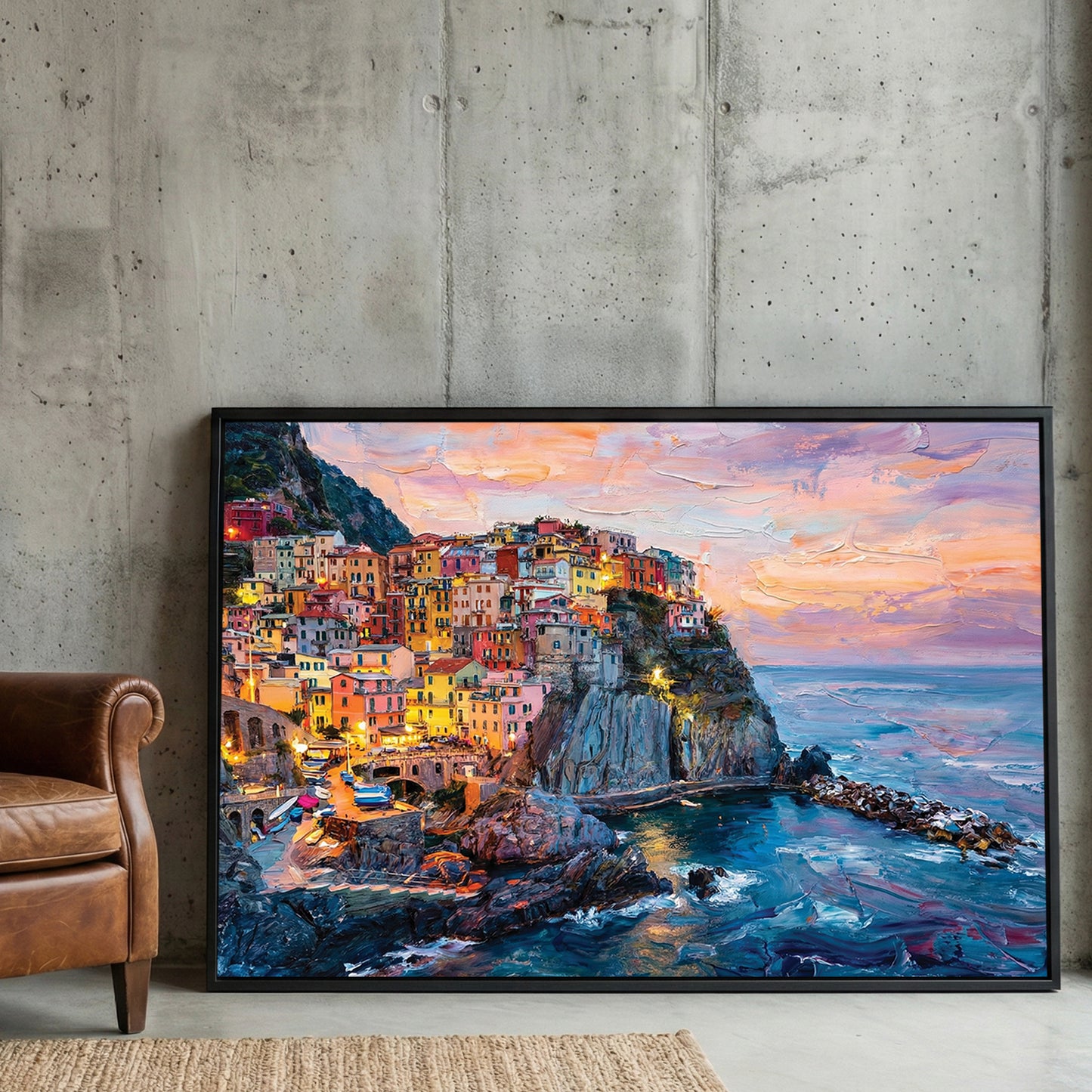 Manarola Cinque Terre Sunset Painting framed canvas wall art print in a gallery-style display