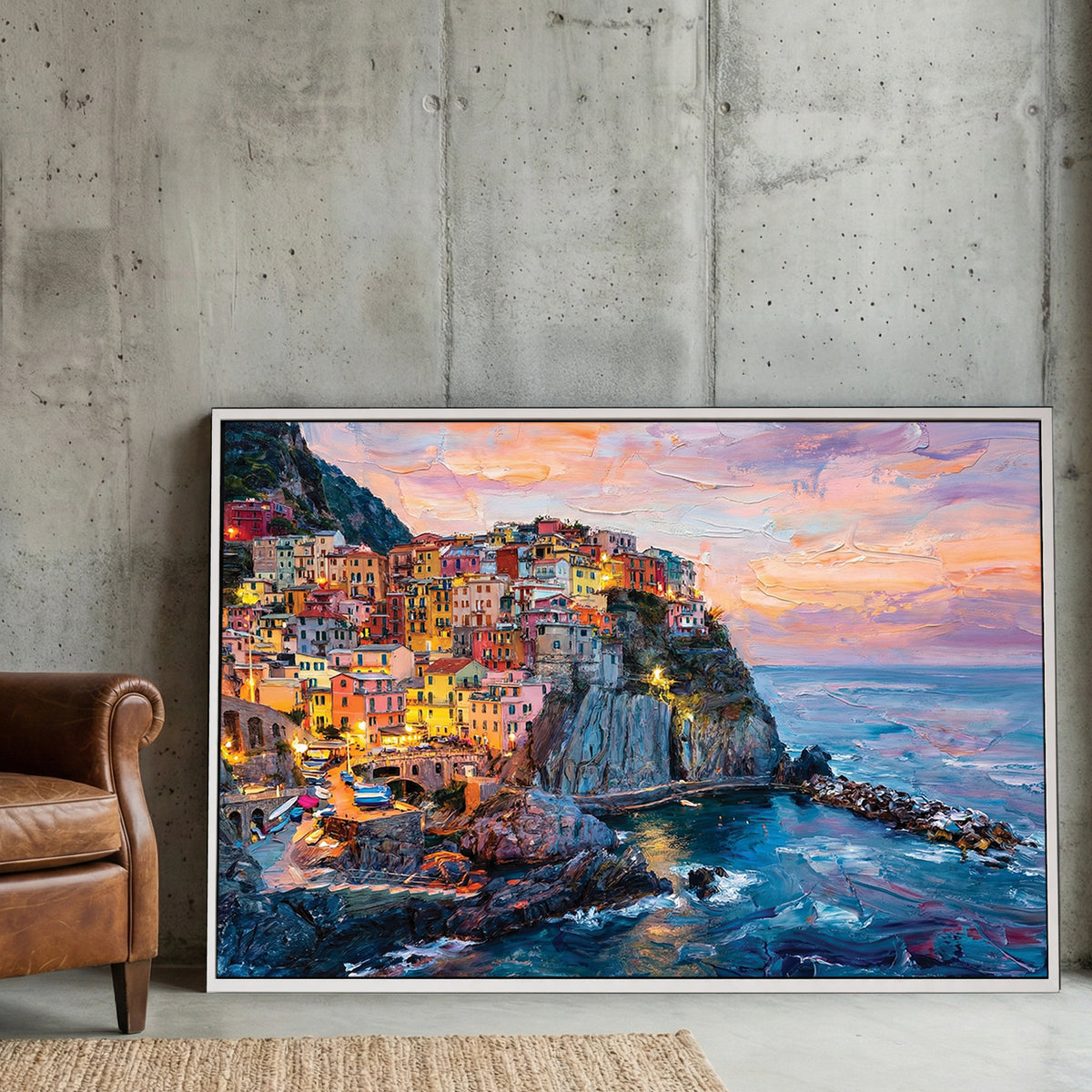 Manarola Cinque Terre Sunset Painting canvas wall art print displayed in a styled living room
