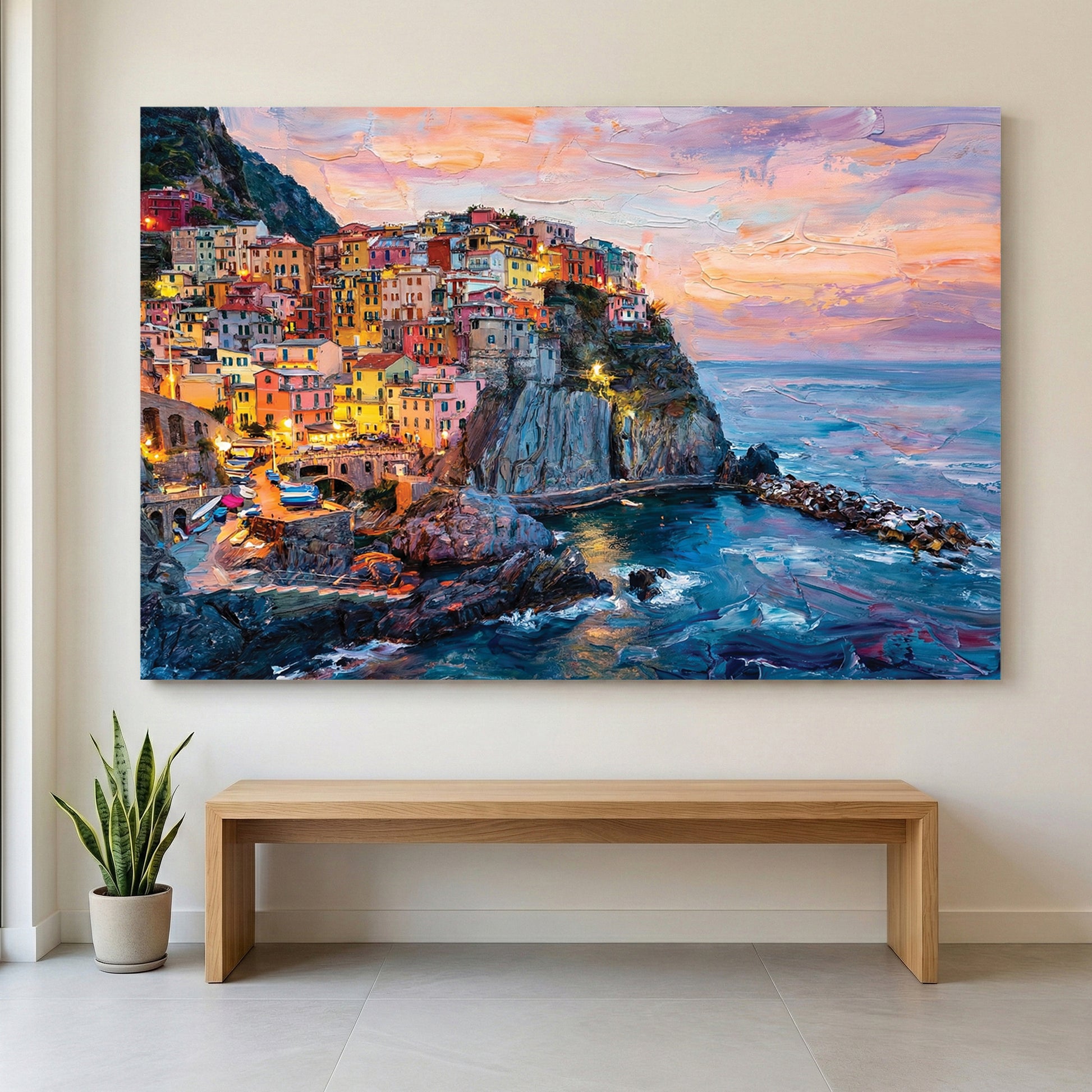 Manarola Cinque Terre Sunset Painting canvas wall art print displayed in a styled living room
