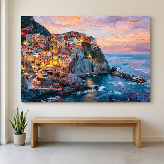 Manarola Cinque Terre Sunset Painting canvas wall art print displayed in a styled living room