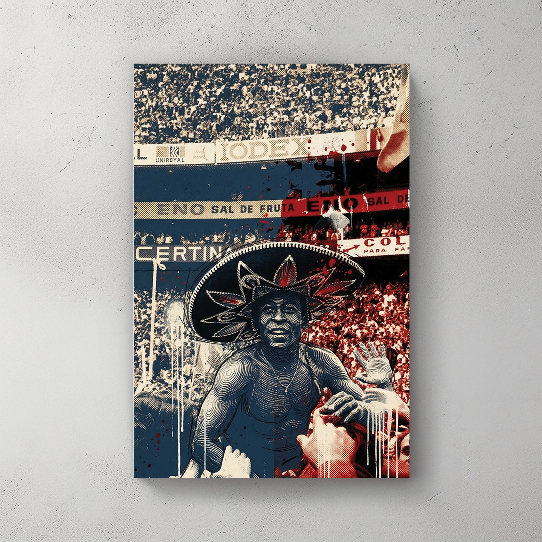 Pelé wearing a sombrero after Brazil won the 1970 World Cup in Mexico, halftone blue/red/white, stadium crowd with banners (Uniroyal, Iodex, Sal de Fruta, Colubia), pop art collage style — canvas wall art print