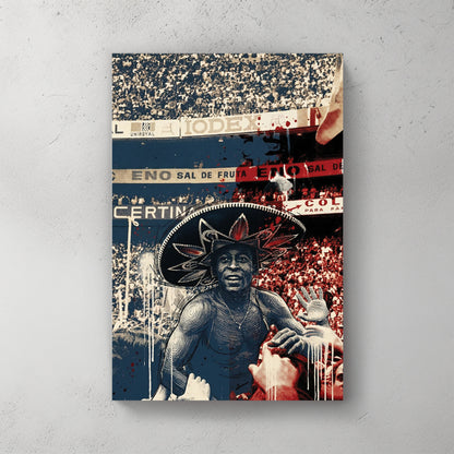 Pelé wearing a sombrero after Brazil won the 1970 World Cup in Mexico, halftone blue/red/white, stadium crowd with banners (Uniroyal, Iodex, Sal de Fruta, Colubia), pop art collage style — canvas wall art print
