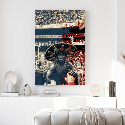 Pelé Sombrero 1970 World Cup Mexico canvas wall art print above a sofa in a contemporary living room