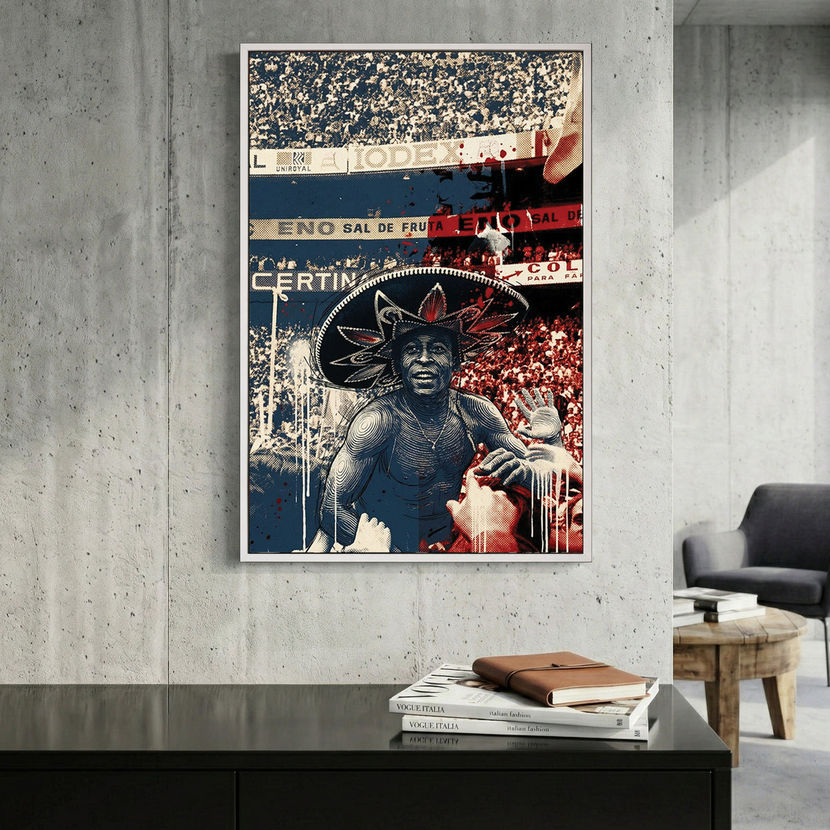 Pelé Sombrero 1970 World Cup Mexico canvas wall art print displayed in a styled living room