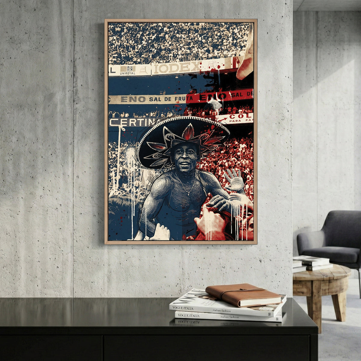 Pelé Sombrero 1970 World Cup Mexico canvas wall art print displayed in a styled living room