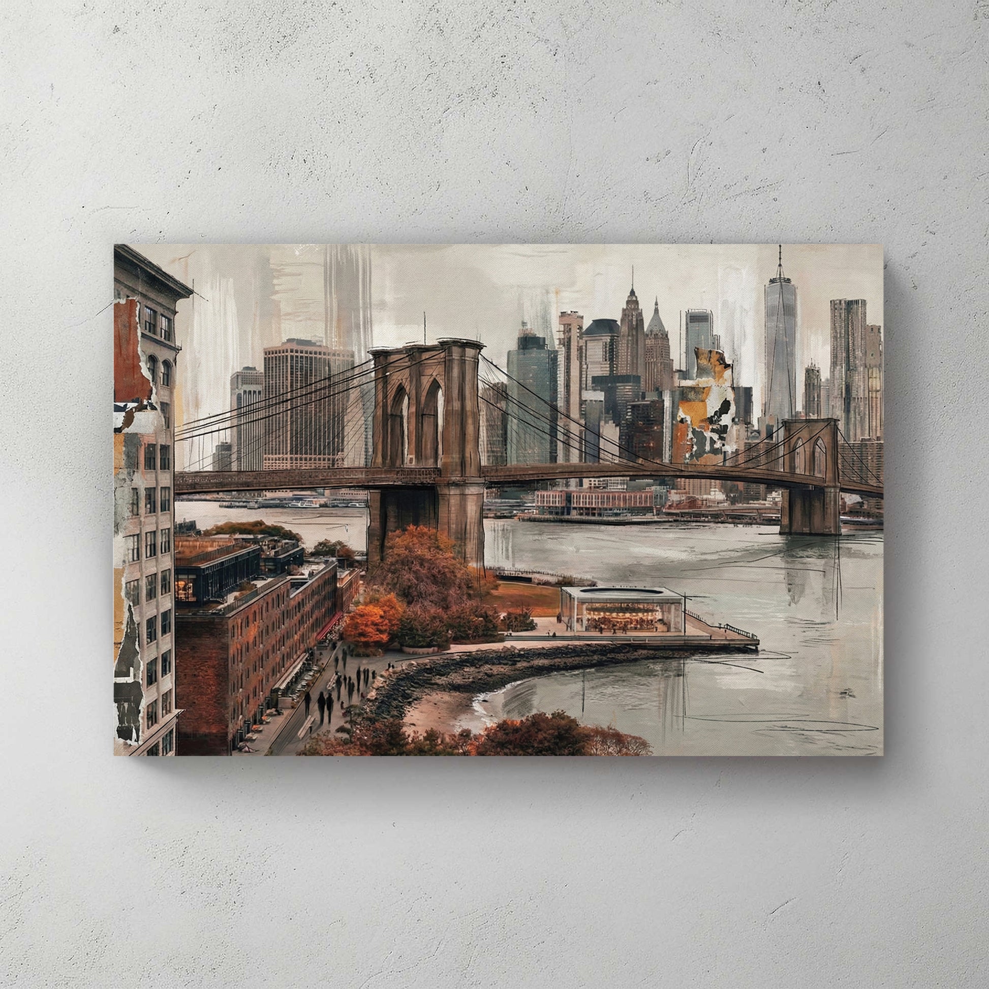 Brooklyn Bridge with NYC skyline, painterly, neutral tones, water in foreground, warm and grey — canvas wall art print