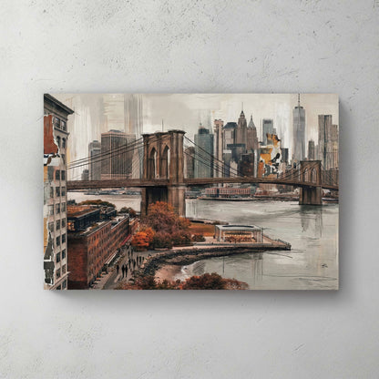 Brooklyn Bridge with NYC skyline, painterly, neutral tones, water in foreground, warm and grey — canvas wall art print