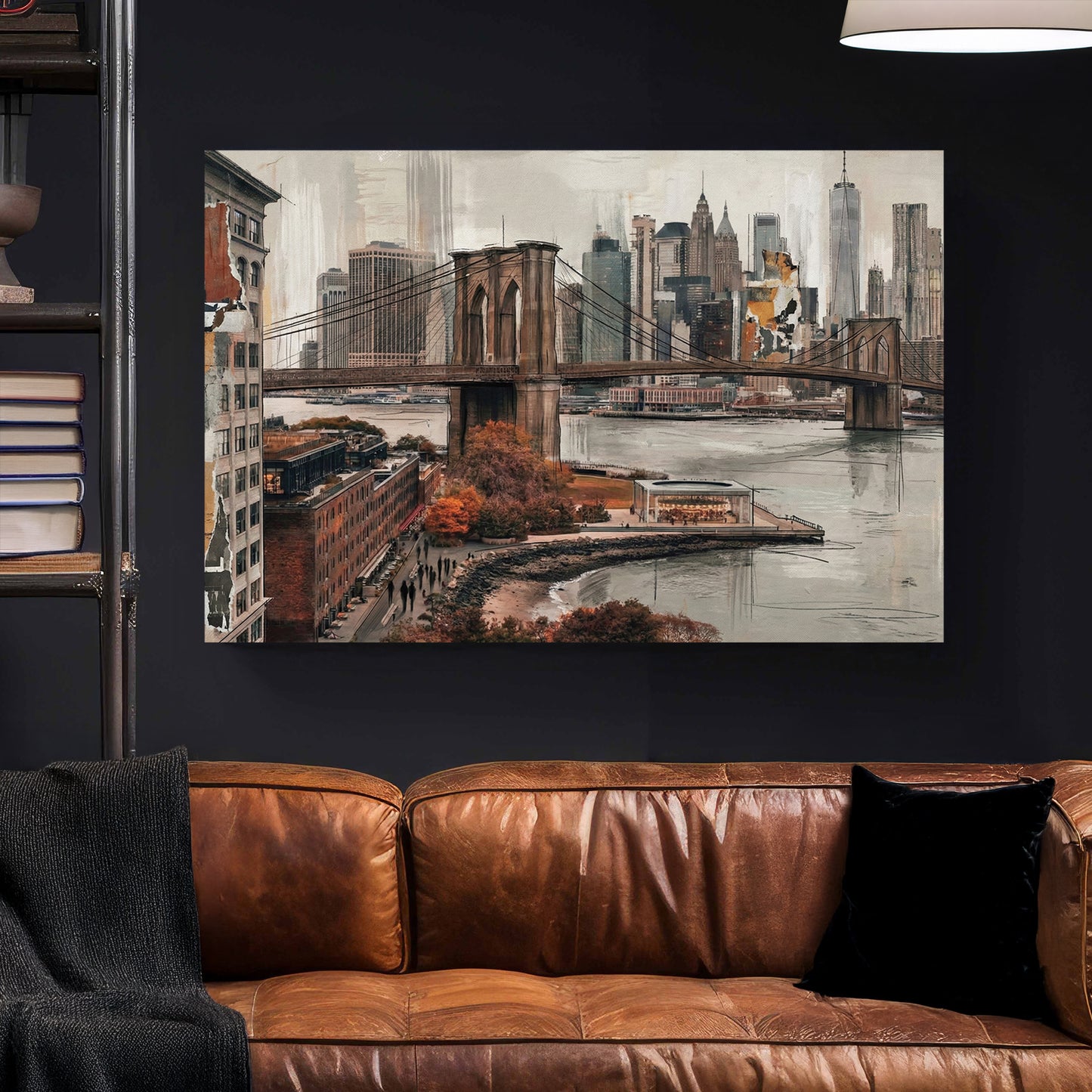Brooklyn Bridge New York City Skyline Painting canvas wall art print styled in a modern interior