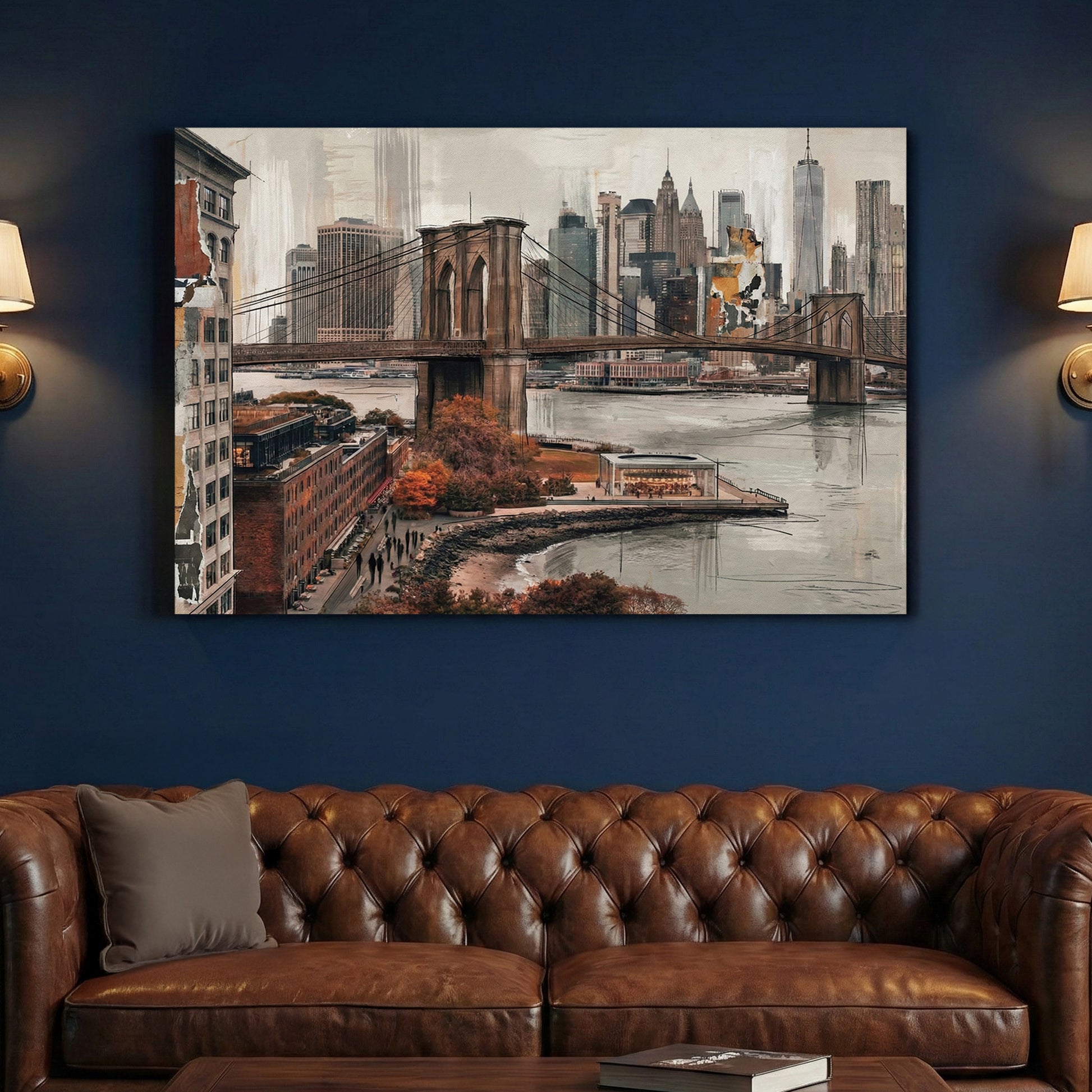 Brooklyn Bridge New York City Skyline Painting canvas wall art print above a sofa in a contemporary living room