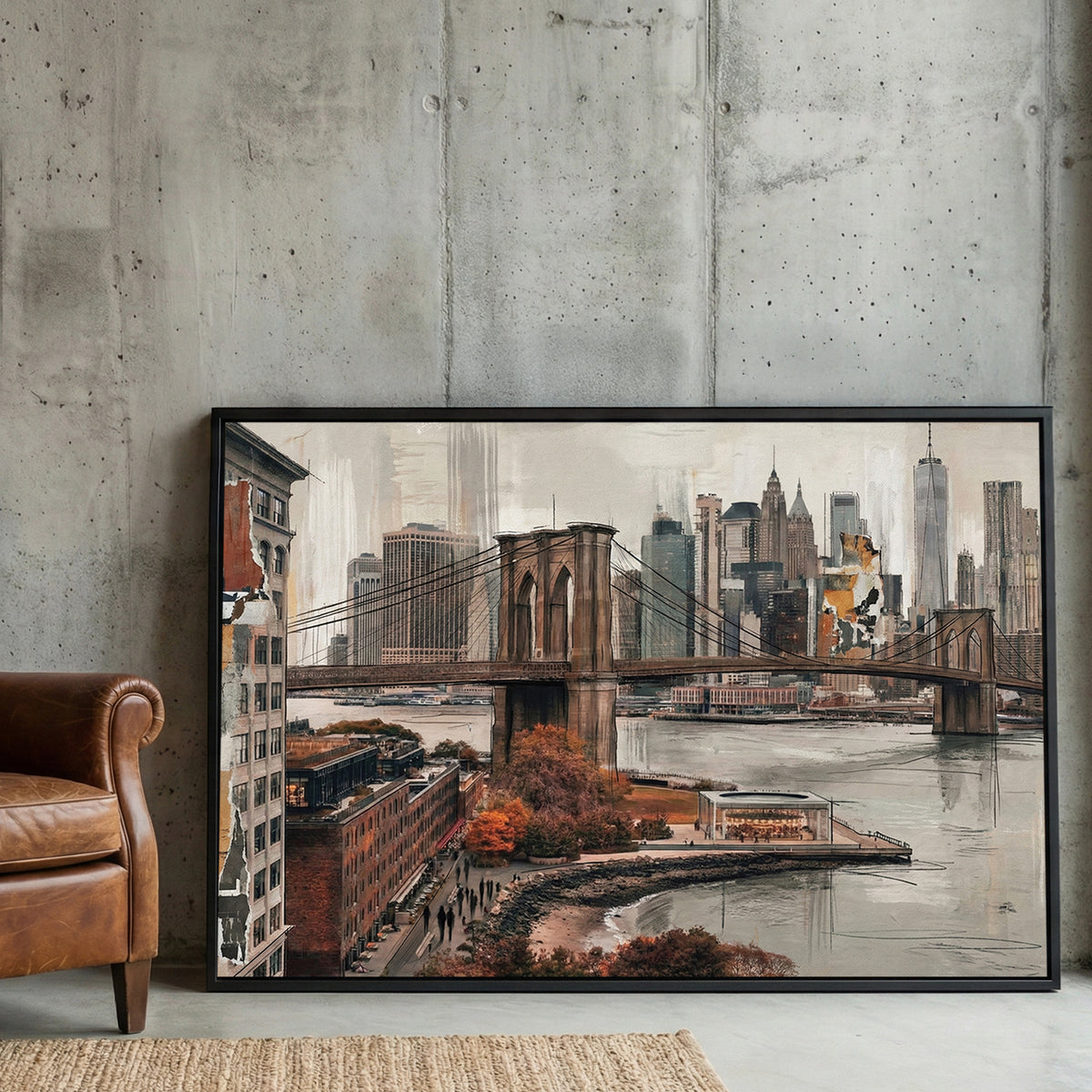 Brooklyn Bridge New York City Skyline Painting framed canvas wall art print in a gallery-style display