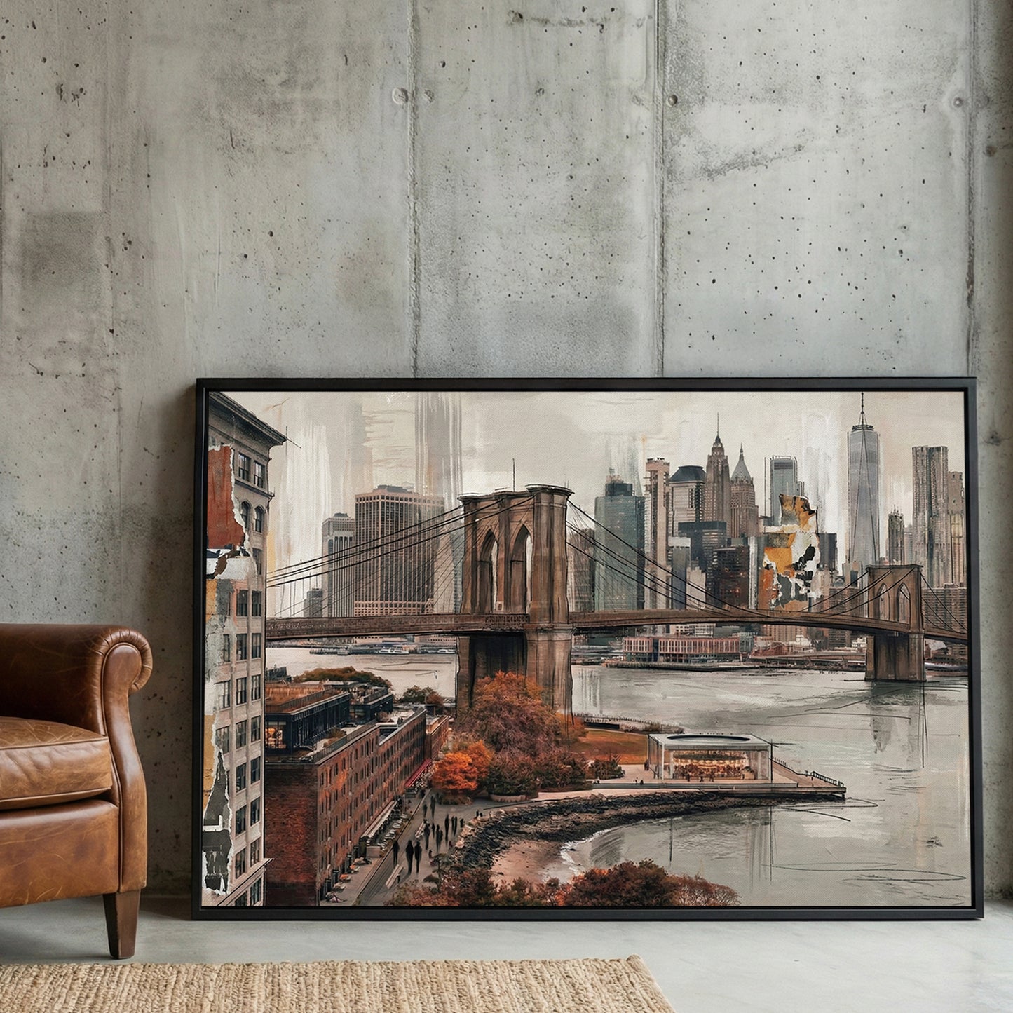 Brooklyn Bridge New York City Skyline Painting framed canvas wall art print in a gallery-style display