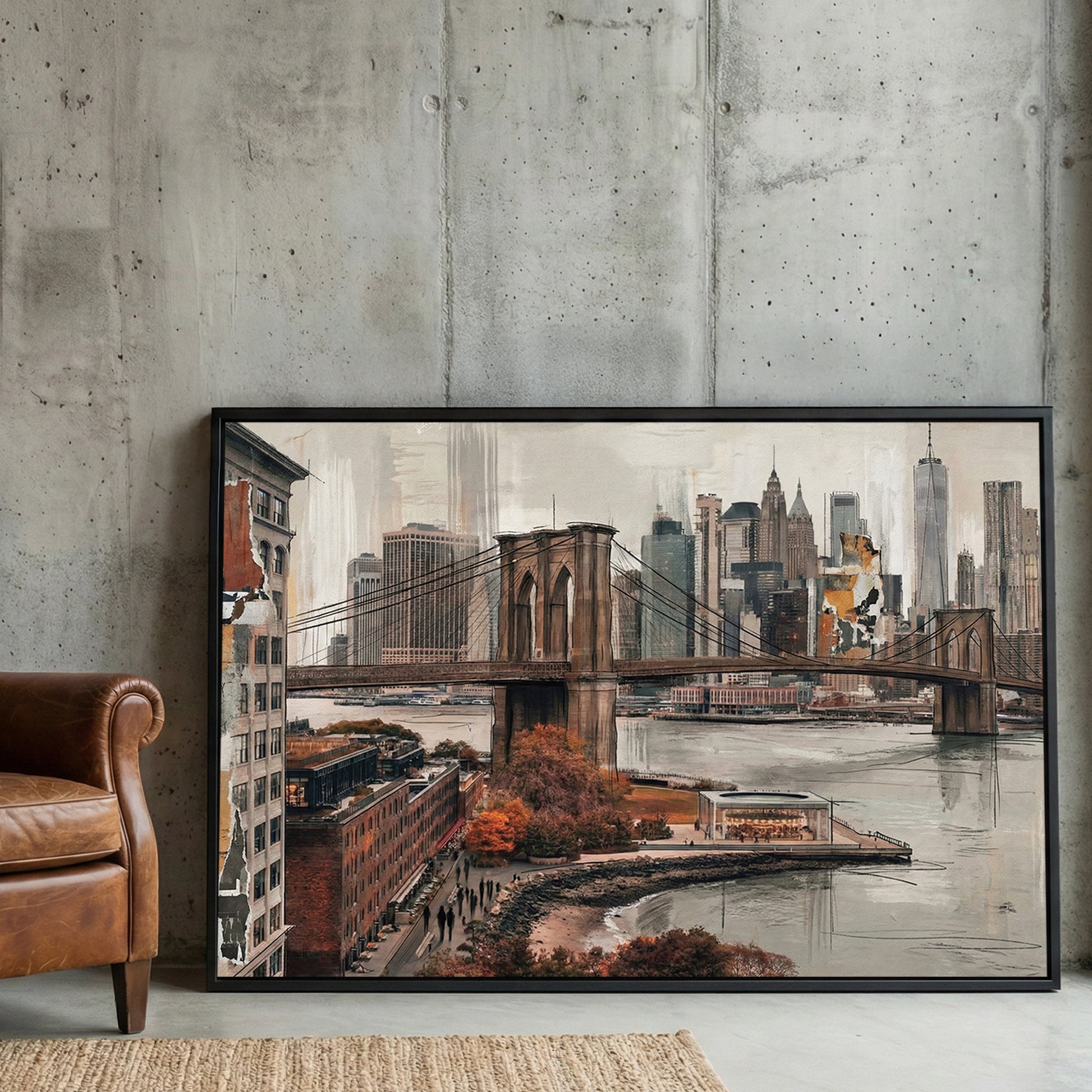 Brooklyn Bridge New York City Skyline Painting framed canvas wall art print in a gallery-style display