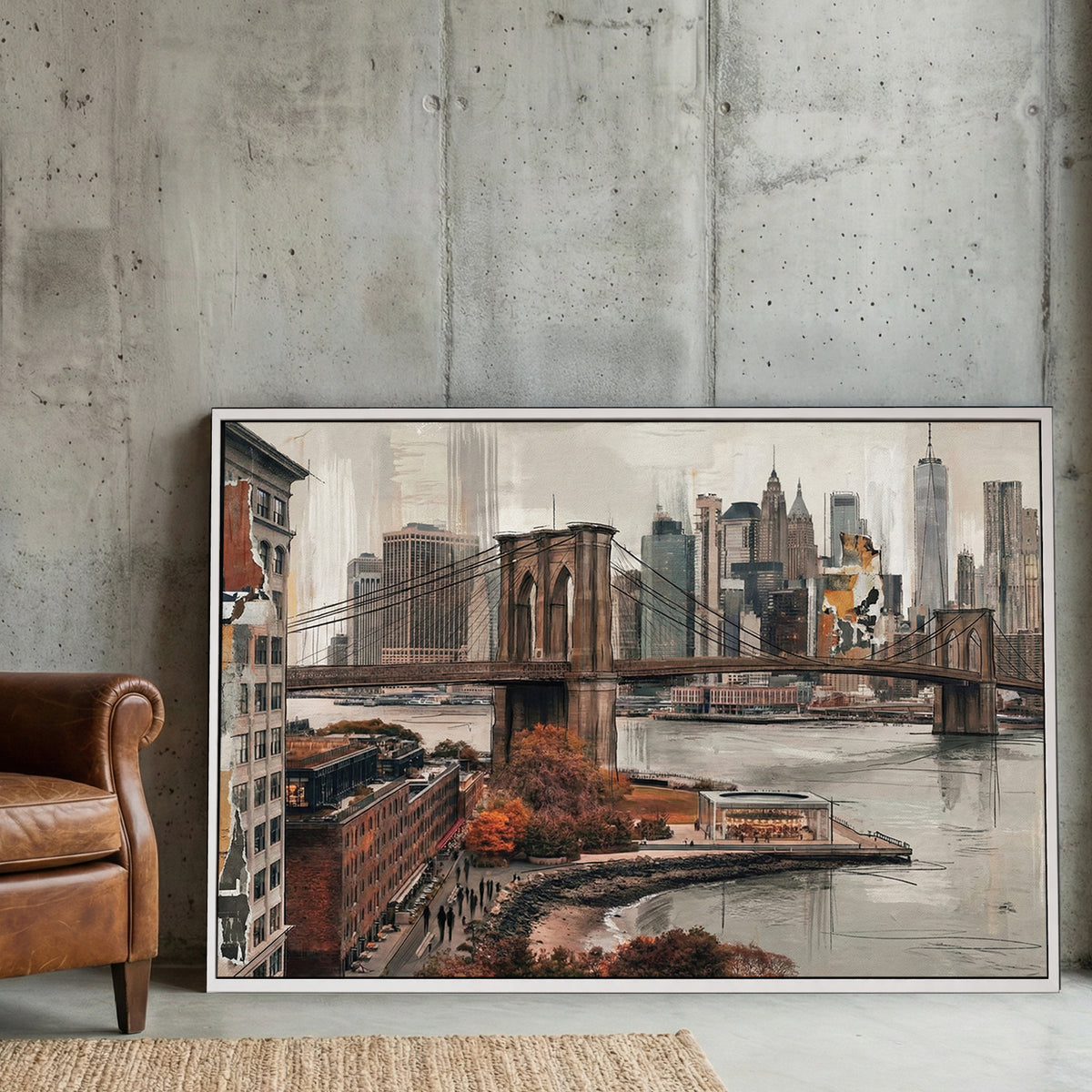Brooklyn Bridge New York City Skyline Painting canvas wall art print displayed in a styled living room