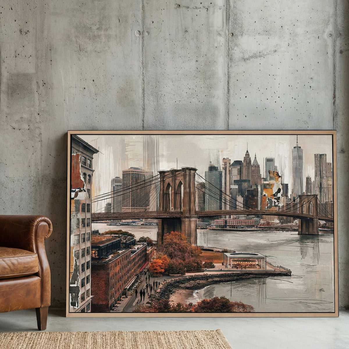 Brooklyn Bridge New York City Skyline Painting canvas wall art print displayed in a styled living room