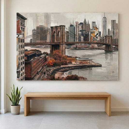 Brooklyn Bridge New York City Skyline Painting canvas wall art print displayed in a styled living room