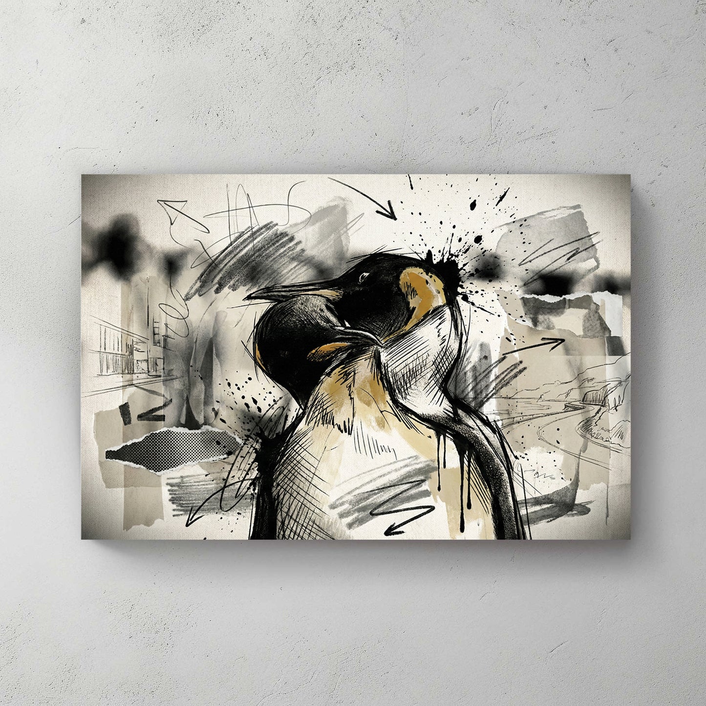 Emperor penguin sketch with ink wash, charcoal grey and cream background, splatter and scratchy lines — canvas wall art print