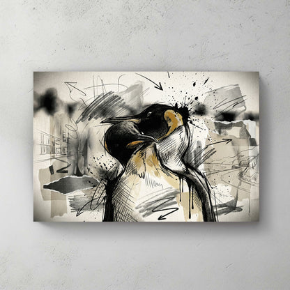 Emperor penguin sketch with ink wash, charcoal grey and cream background, splatter and scratchy lines — canvas wall art print