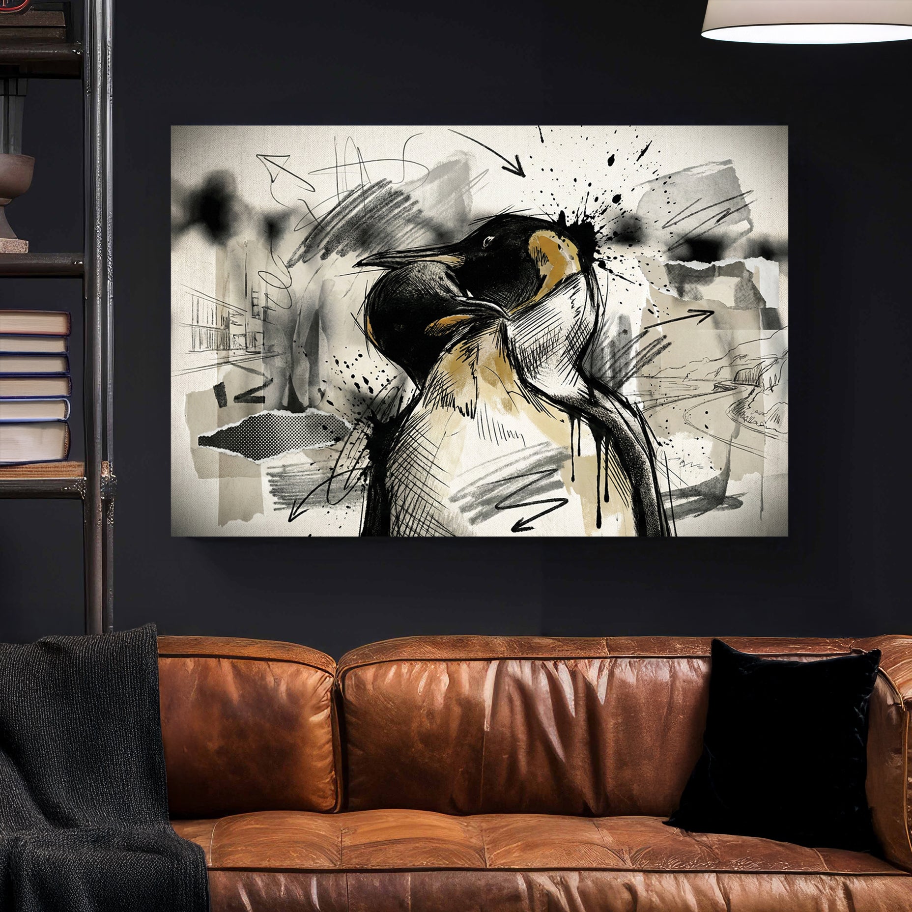 Emperor Penguin Sketch canvas wall art print styled in a modern interior
