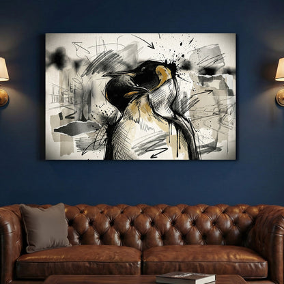 Emperor Penguin Sketch canvas wall art print above a sofa in a contemporary living room