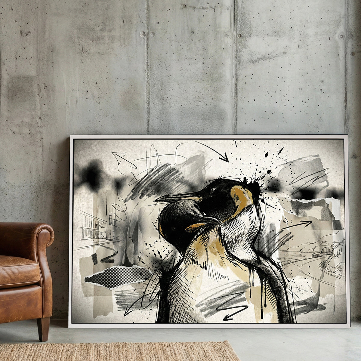 Emperor Penguin Sketch canvas wall art print displayed in a styled living room