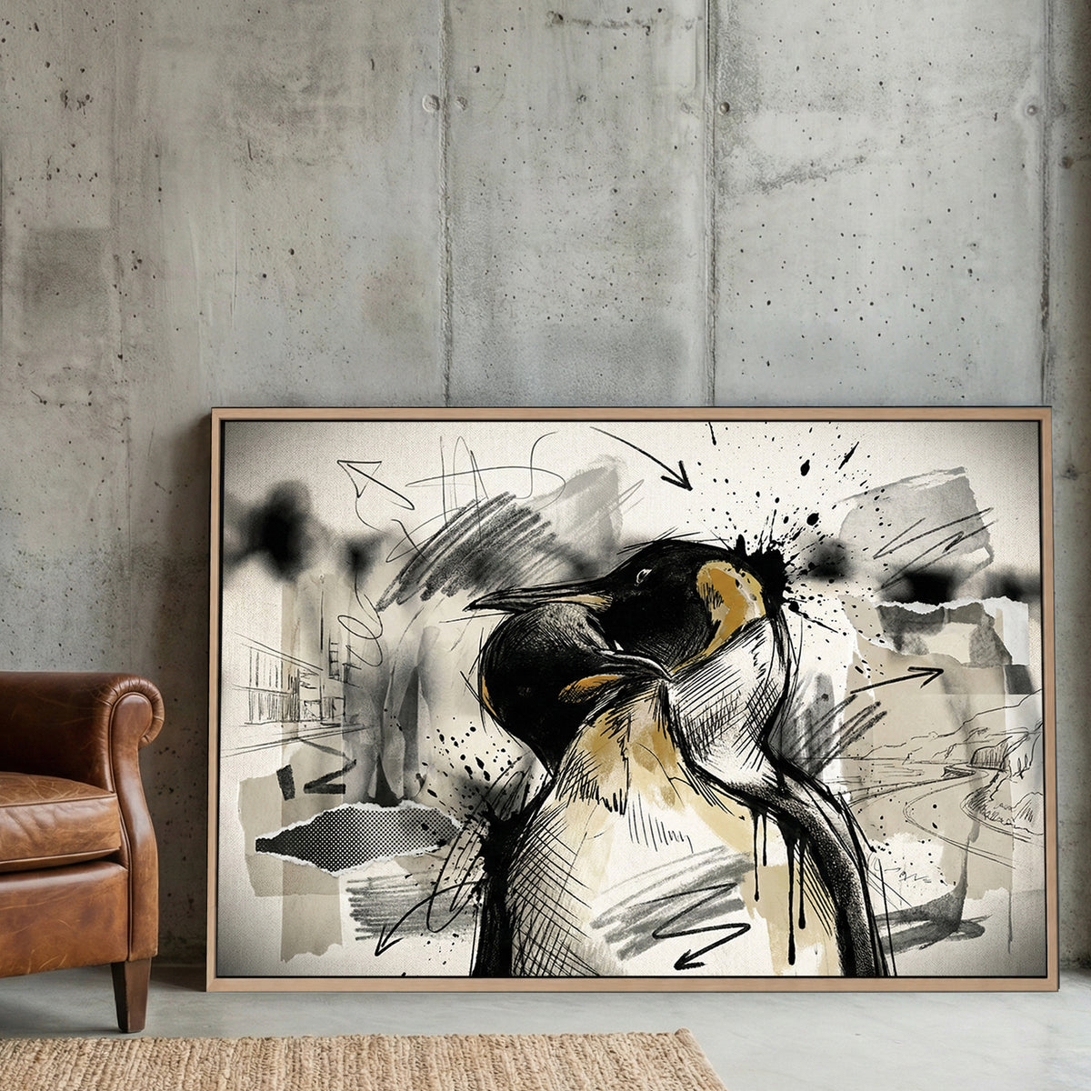 Emperor Penguin Sketch canvas wall art print displayed in a styled living room