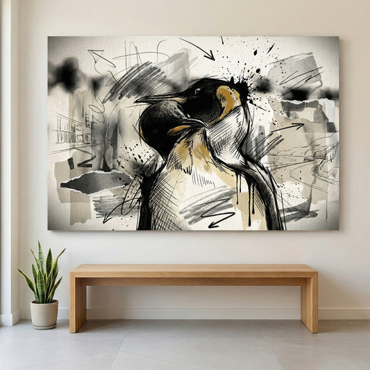 Emperor Penguin Sketch canvas wall art print displayed in a styled living room