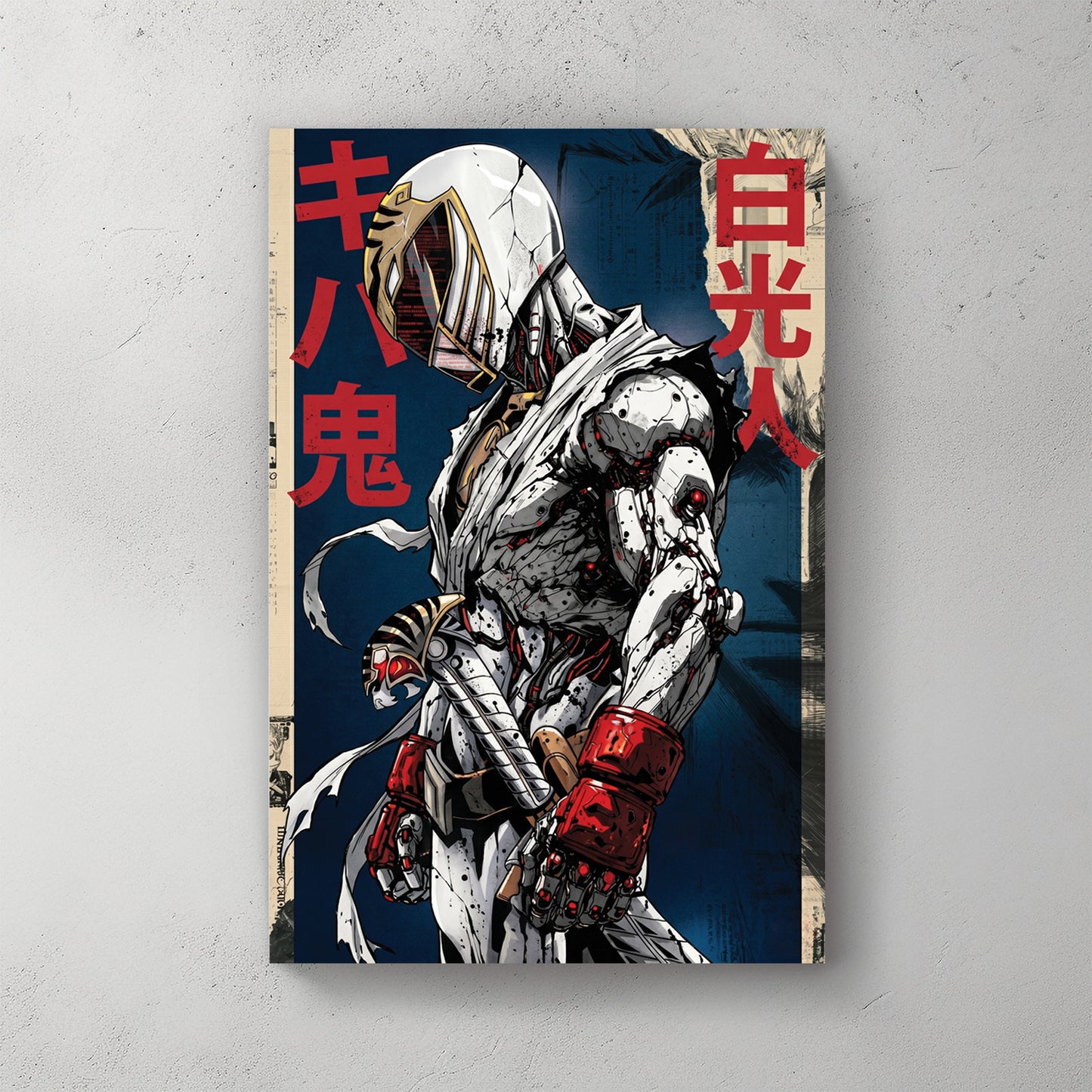 White Power Ranger armour with red gauntlets, dragon shield emblem, Japanese kanji panels on red and blue background — canvas wall art print