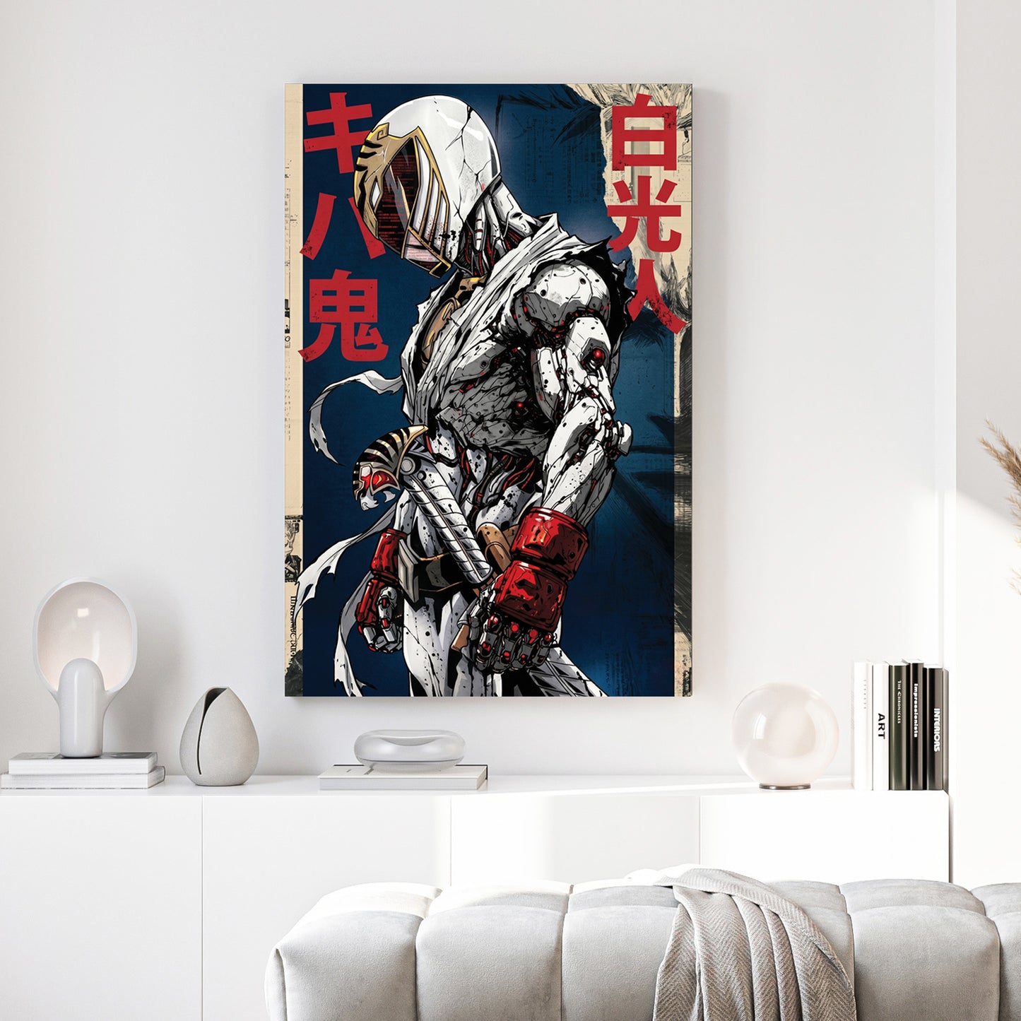 White Power Ranger canvas wall art print above a sofa in a contemporary living room