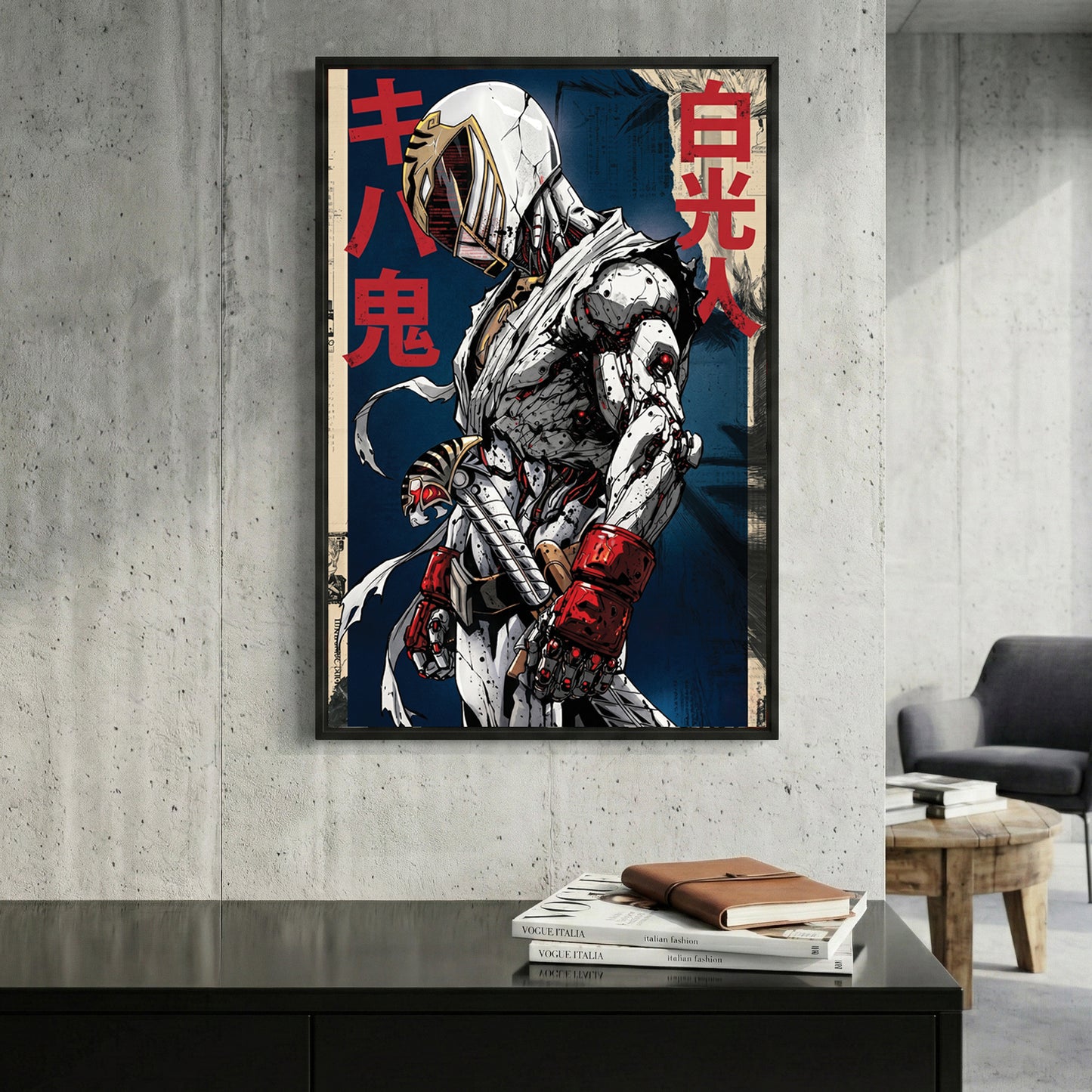 White Power Ranger framed canvas wall art print in a gallery-style display