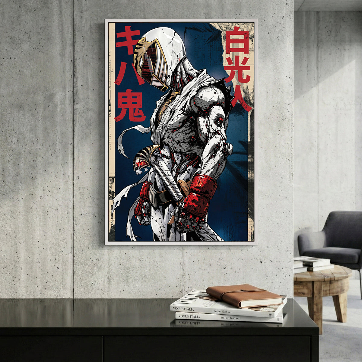 White Power Ranger canvas wall art print displayed in a styled living room