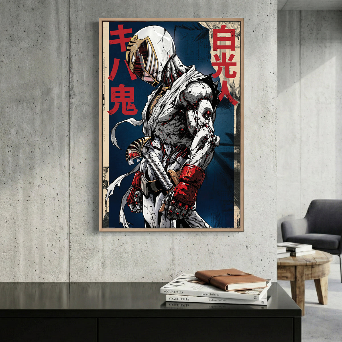 White Power Ranger canvas wall art print displayed in a styled living room