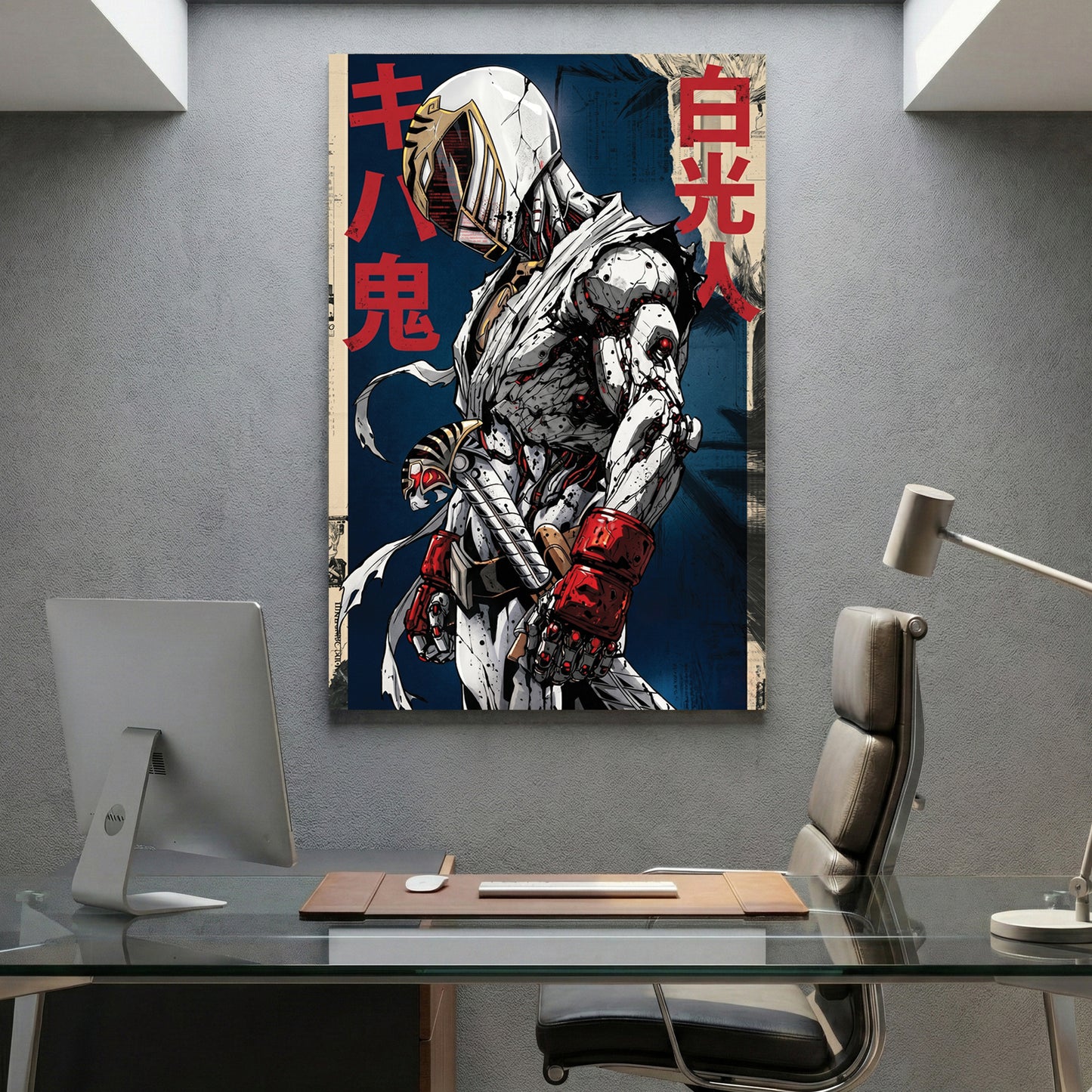White Power Ranger canvas wall art print displayed in a styled living room