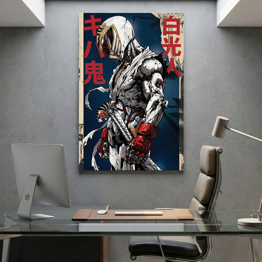 White Power Ranger canvas wall art print displayed in a styled living room