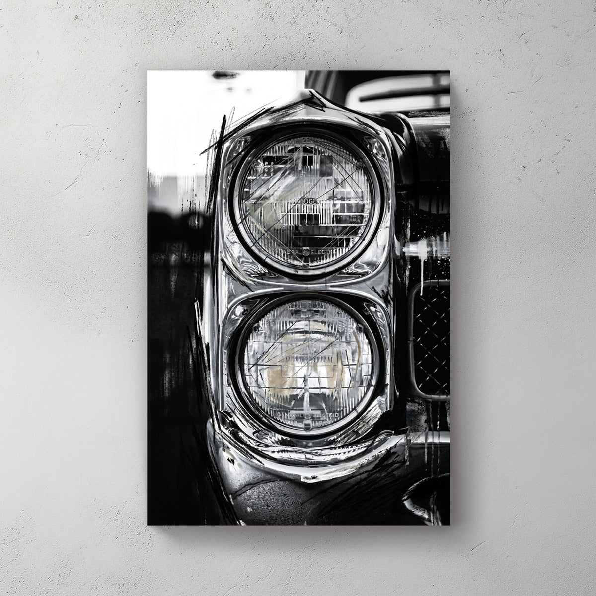 Classic car dual round headlights close-up, black and white, chrome detail, vintage automotive, grille visible — canvas wall art print