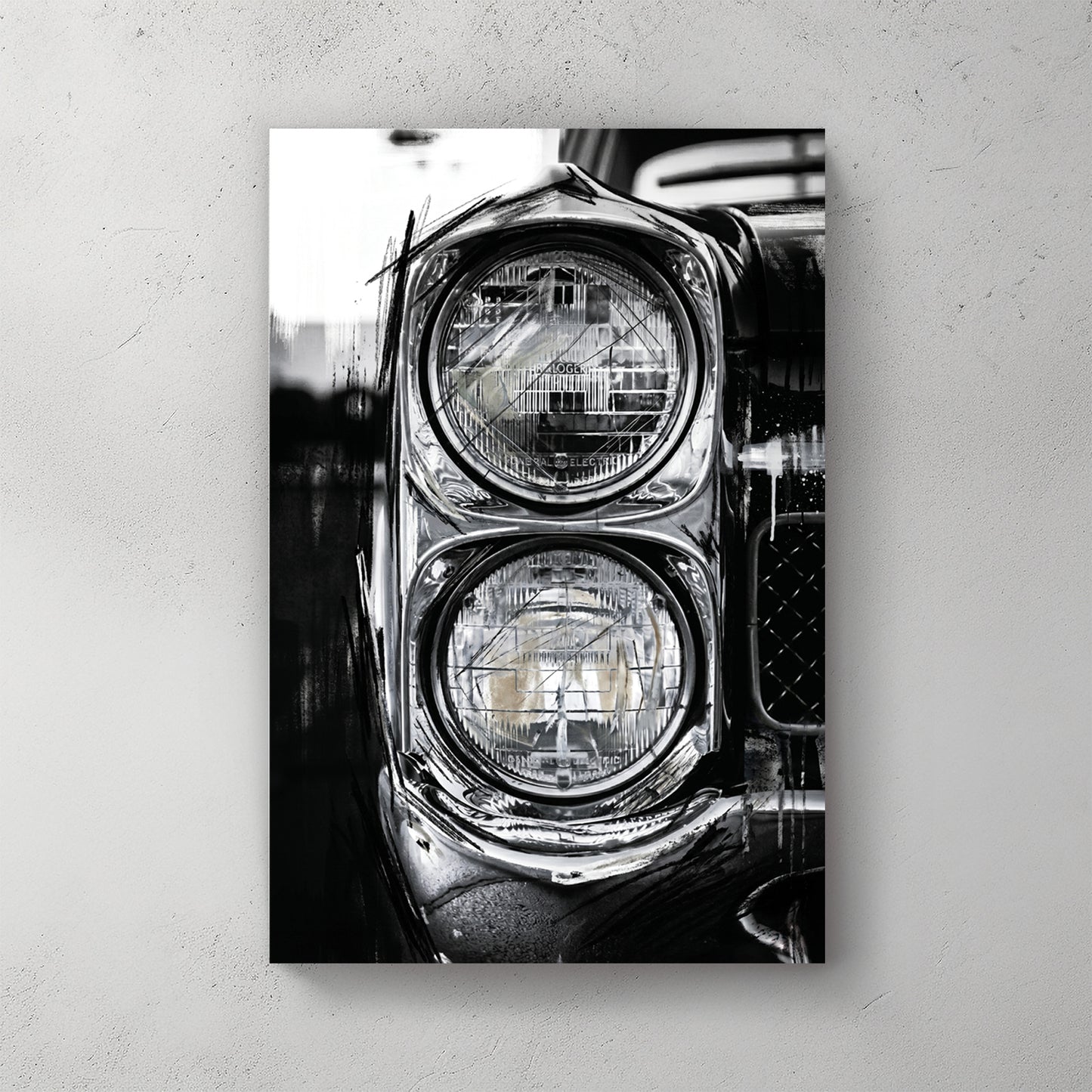 Classic car dual round headlights close-up, black and white, chrome detail, vintage automotive, grille visible — canvas wall art print