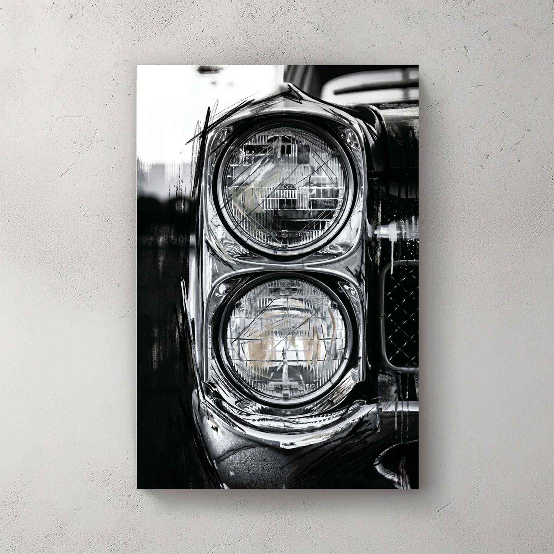 Classic car dual round headlights close-up, black and white, chrome detail, vintage automotive, grille visible — canvas wall art print
