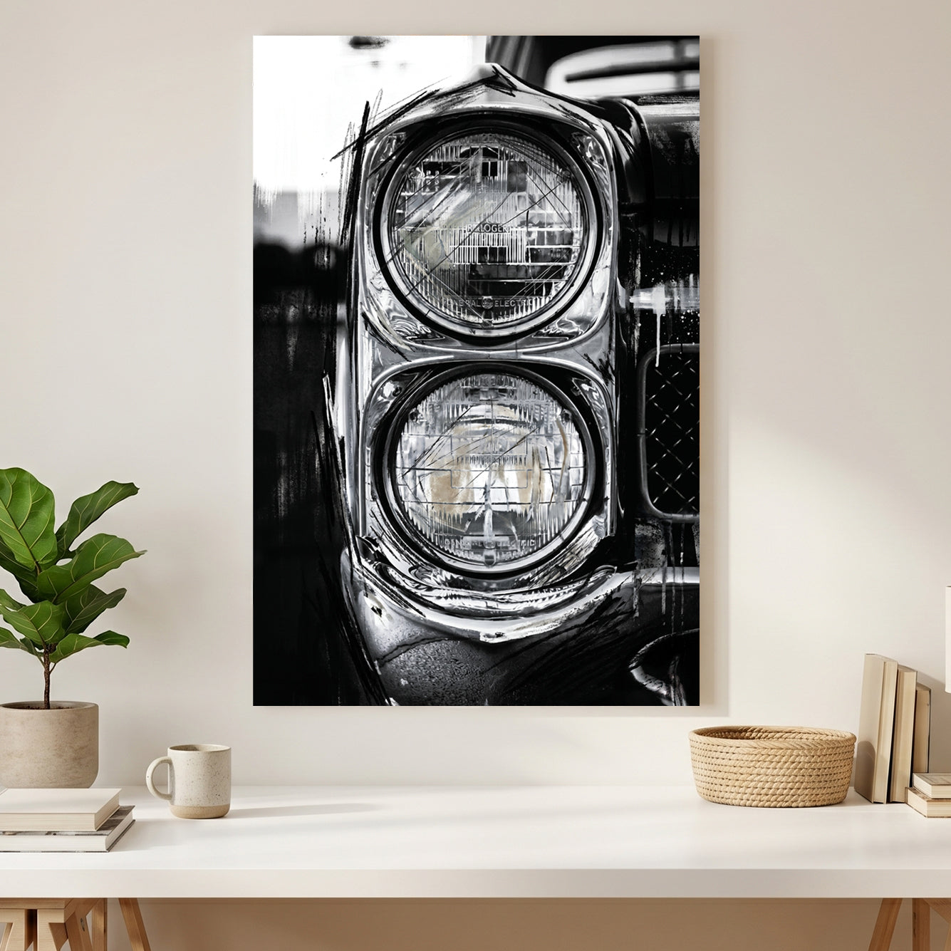 Classic Car Dual Headlights Black and White canvas wall art print styled in a modern interior