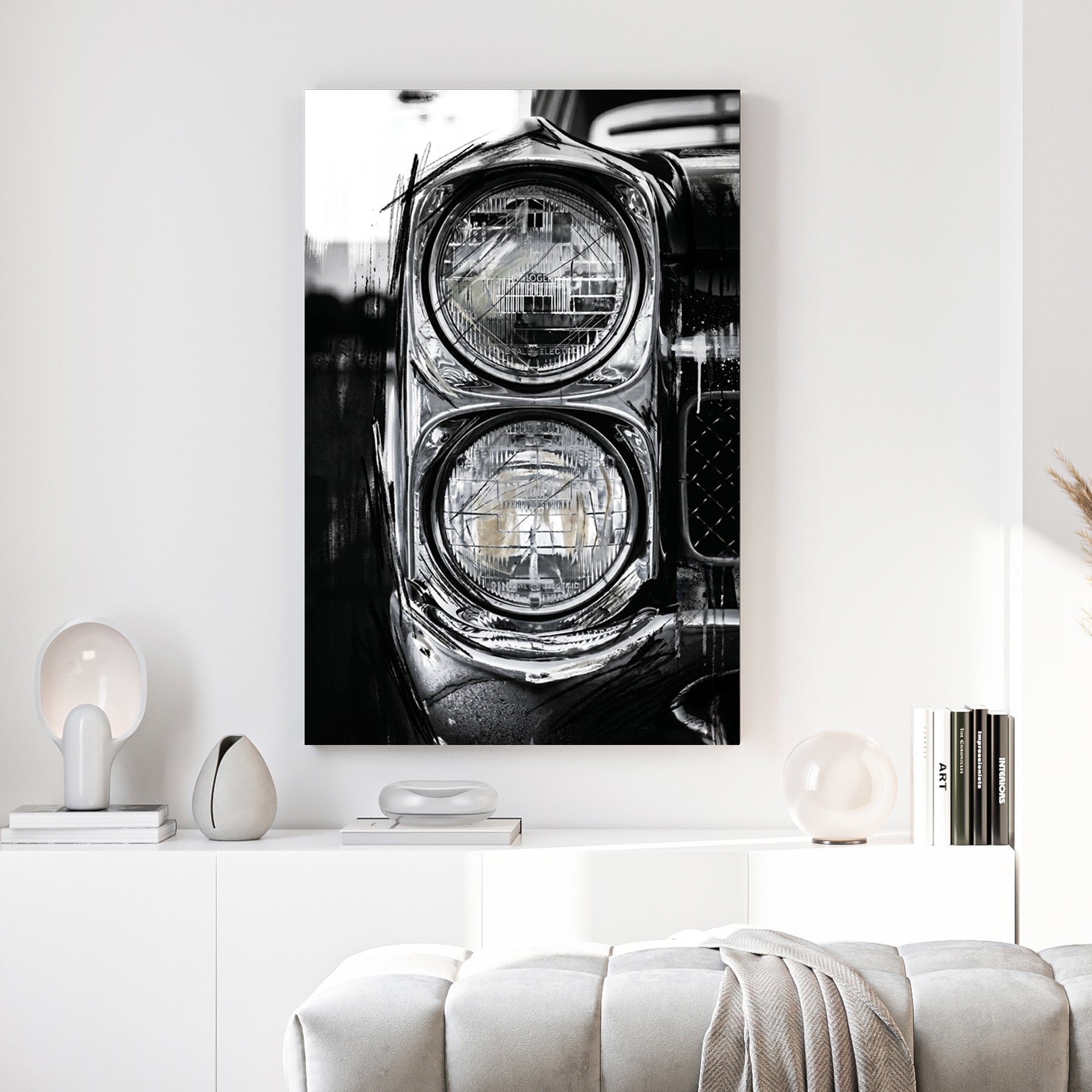Classic Car Dual Headlights Black and White canvas wall art print above a sofa in a contemporary living room