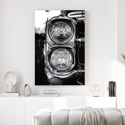 Classic Car Dual Headlights Black and White canvas wall art print above a sofa in a contemporary living room