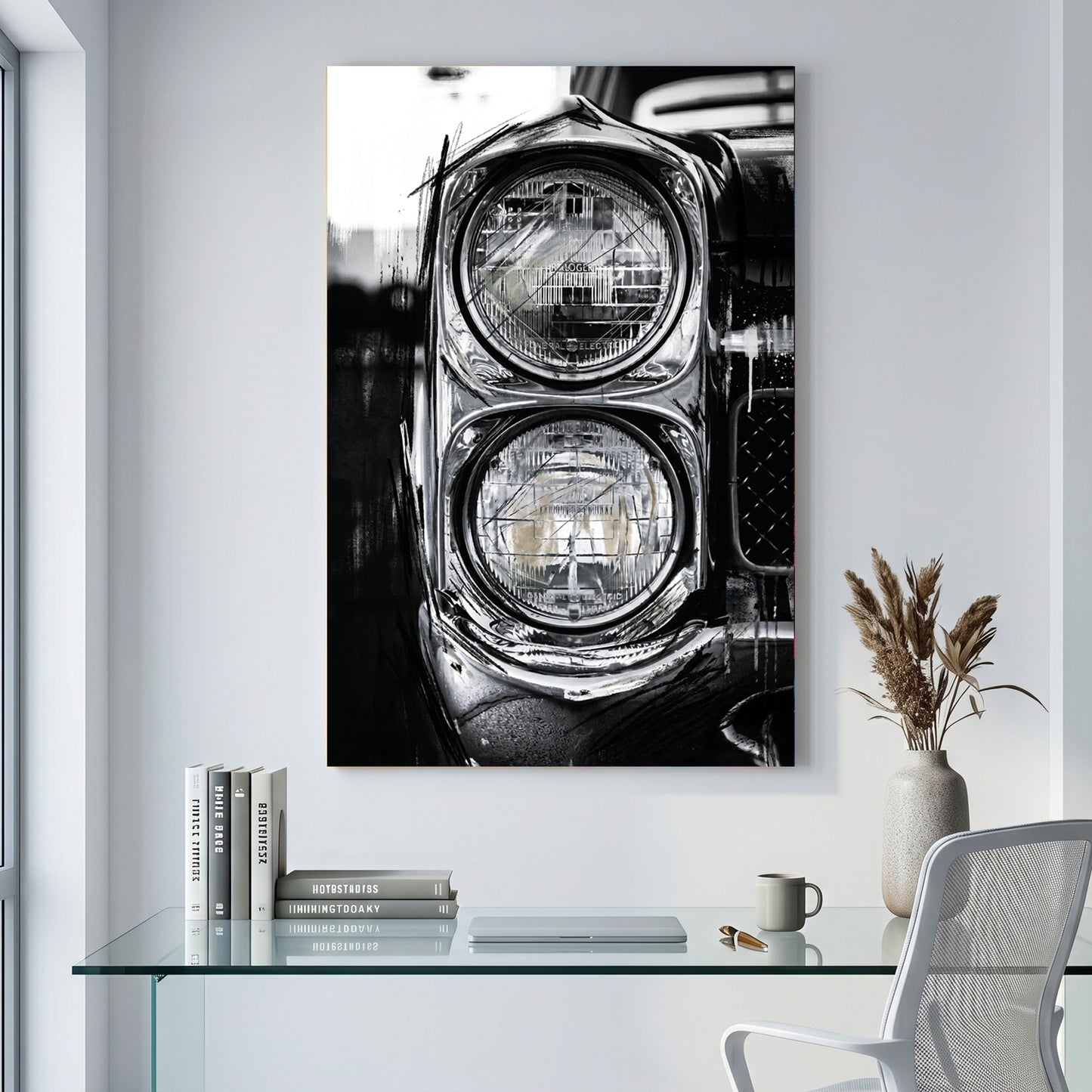 Classic Car Dual Headlights Black and White canvas wall art print displayed in a styled living room
