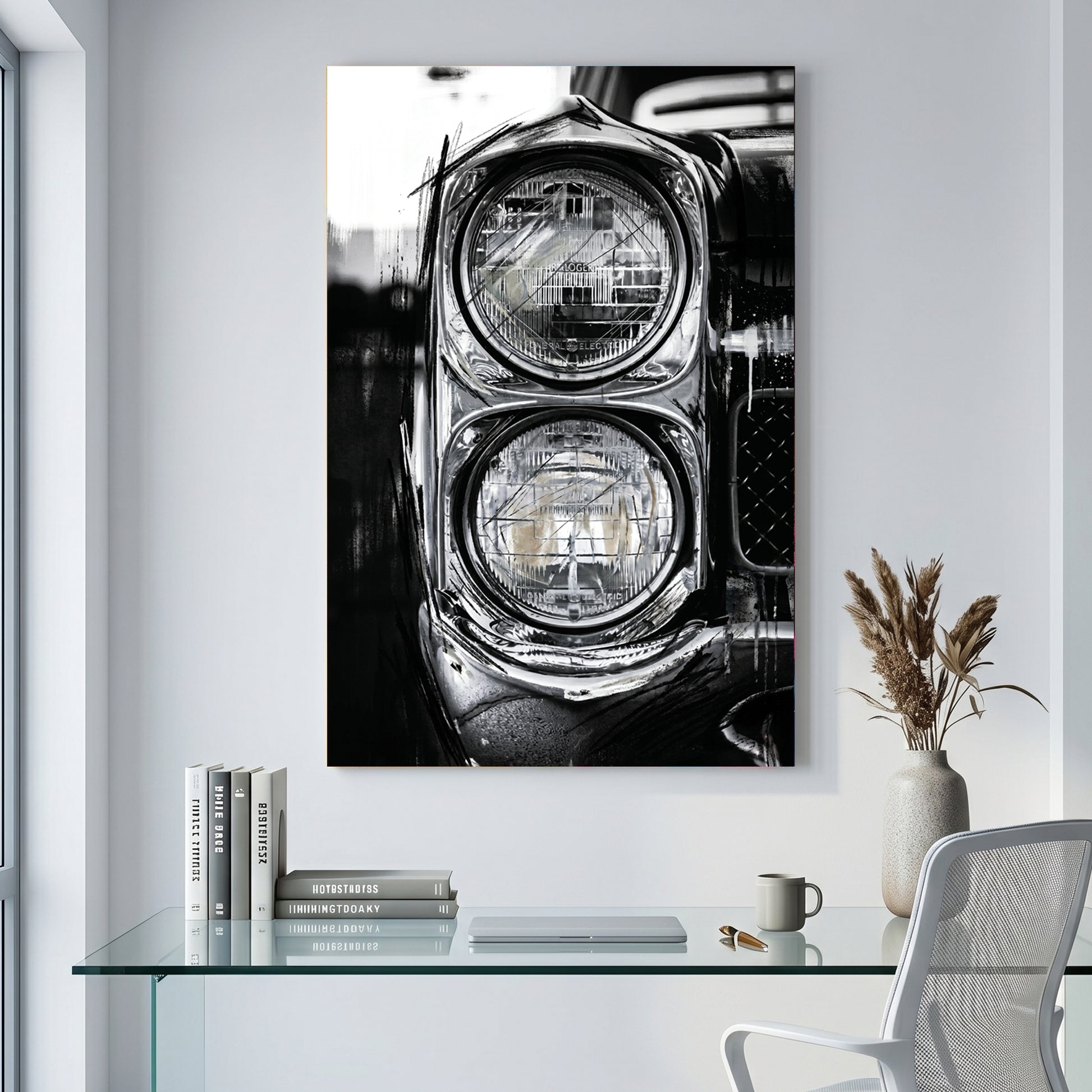 Classic Car Dual Headlights Black and White canvas wall art print displayed in a styled living room