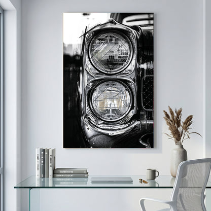 Classic Car Dual Headlights Black and White canvas wall art print displayed in a styled living room