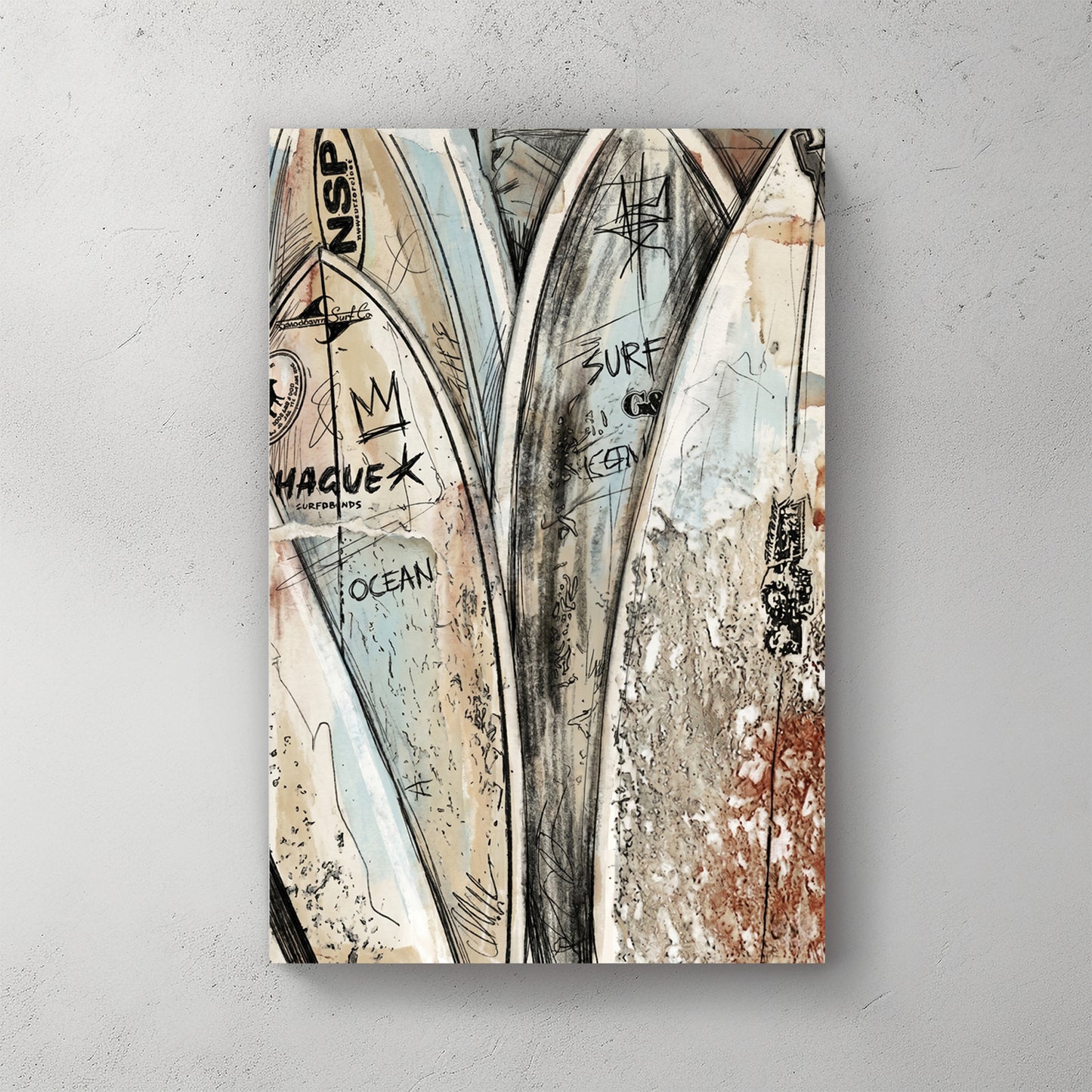 Stacked surfboards; "HAQUE" "NSP" "OCEAN" text; sketchy ink and watercolour — canvas wall art print
