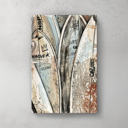 Stacked surfboards; "HAQUE" "NSP" "OCEAN" text; sketchy ink and watercolour — canvas wall art print