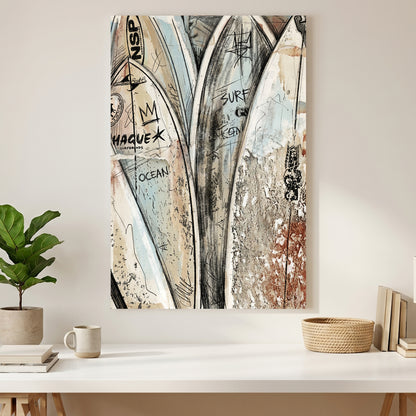 Stacked Surfboards Coastal canvas wall art print styled in a modern interior