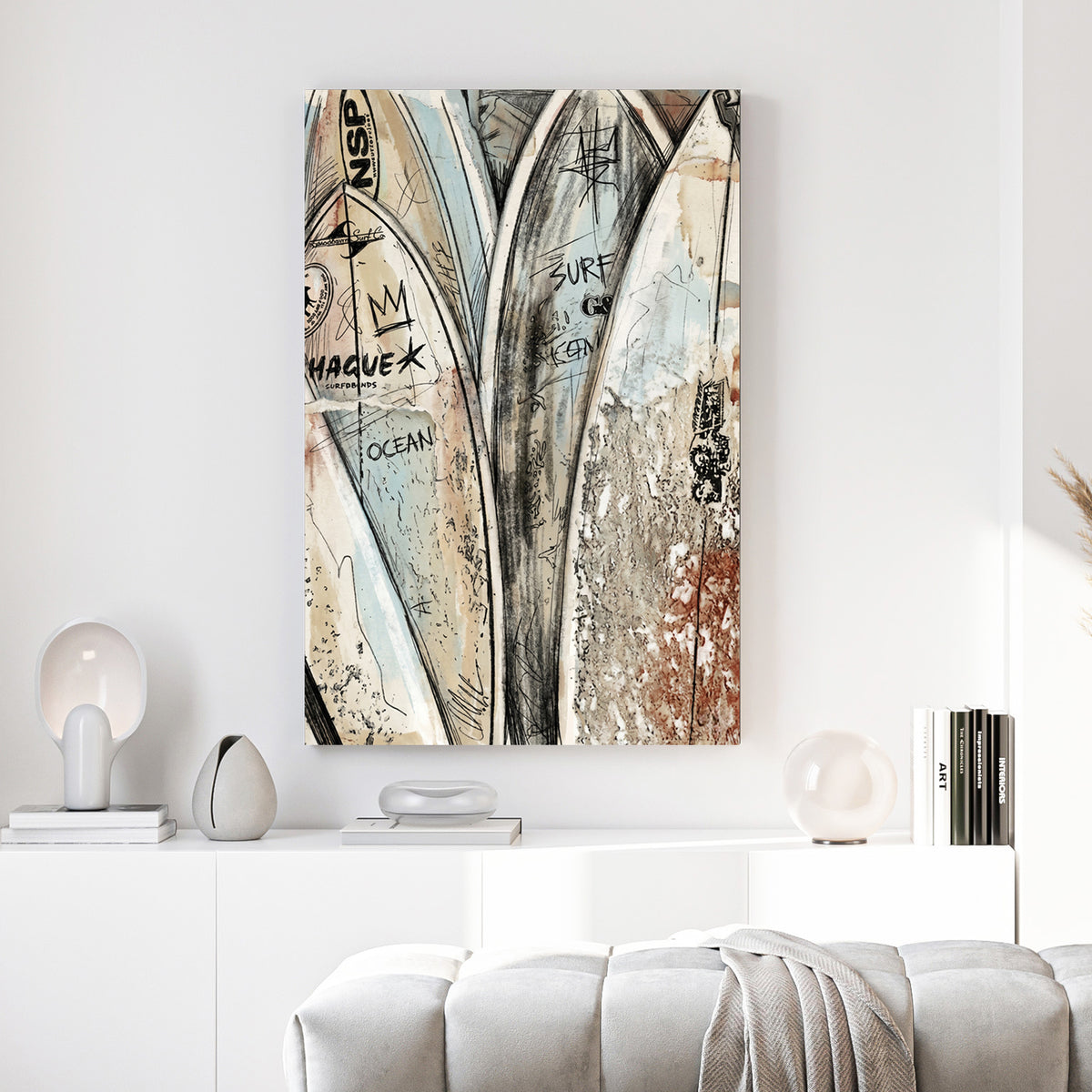 Stacked Surfboards Coastal canvas wall art print above a sofa in a contemporary living room