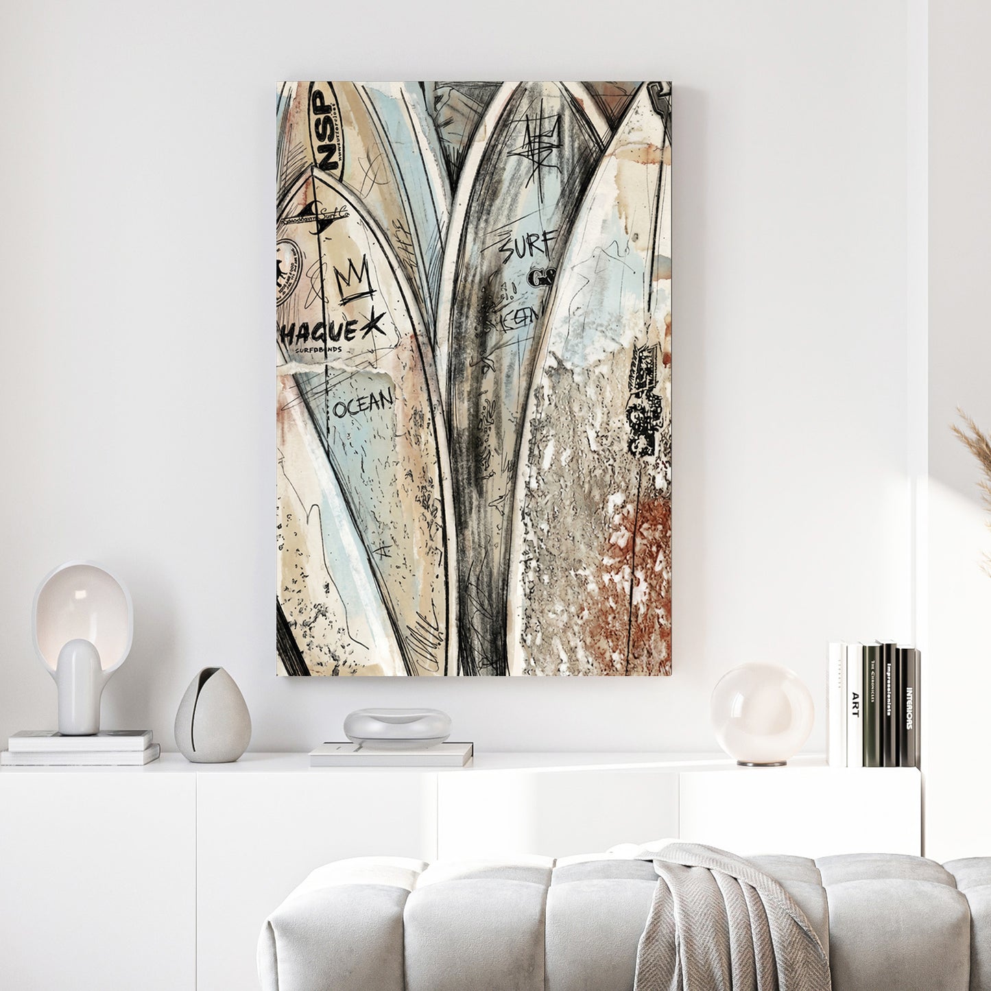 Stacked Surfboards Coastal canvas wall art print above a sofa in a contemporary living room