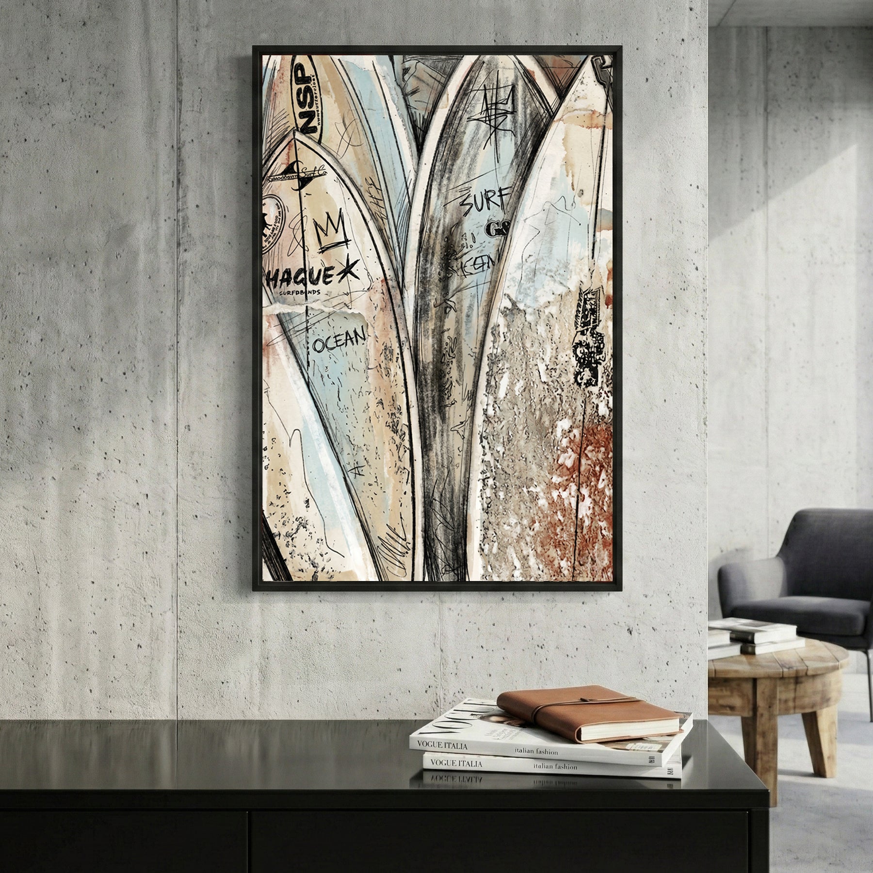 Stacked Surfboards Coastal framed canvas wall art print in a gallery-style display