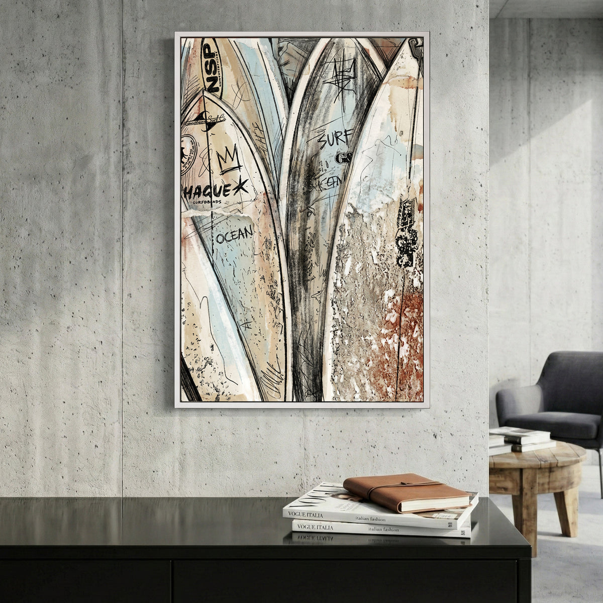 Stacked Surfboards Coastal canvas wall art print displayed in a styled living room