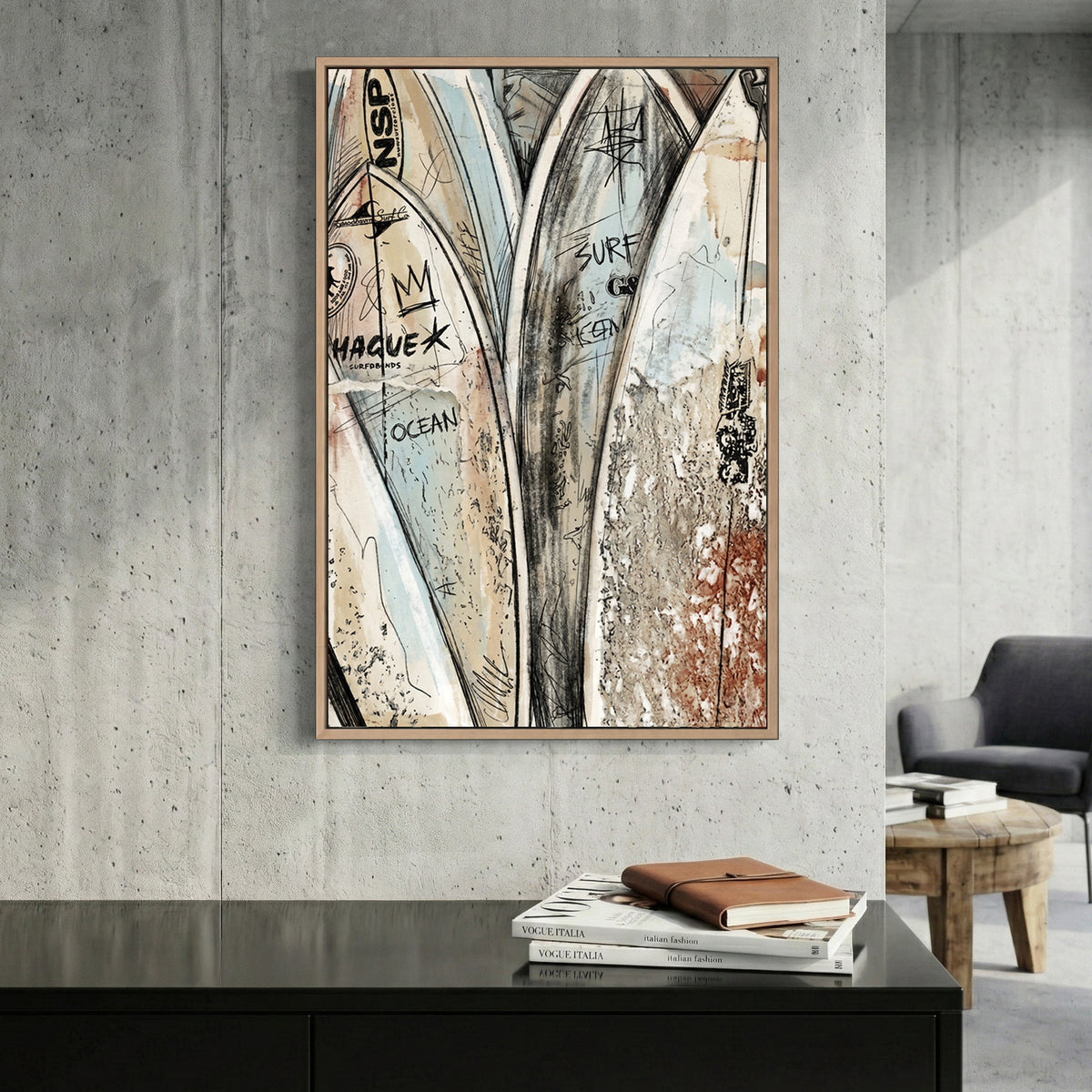 Stacked Surfboards Coastal canvas wall art print displayed in a styled living room